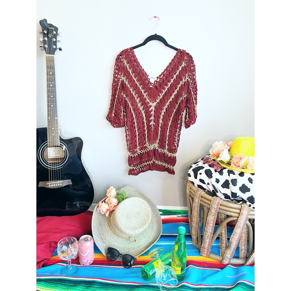 Red Crochet Top with Gold Accents